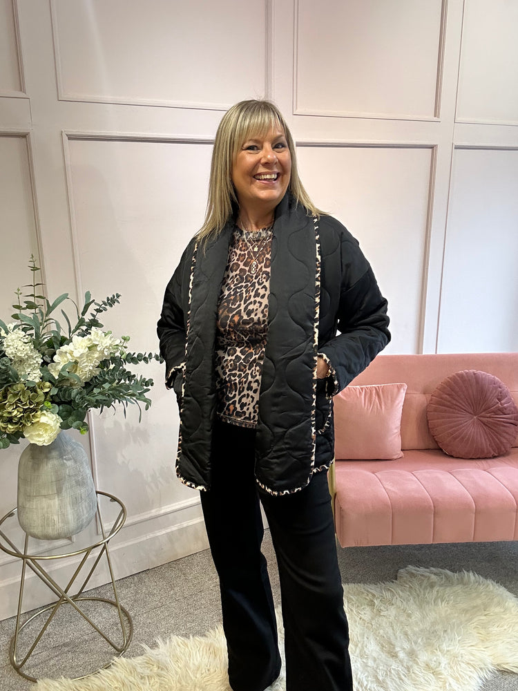Quilted Jacket - Black/ Leopard