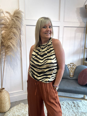 Zebra Sleeveless Tie Neck top - Brown Mix - Wardrobe By Simone
