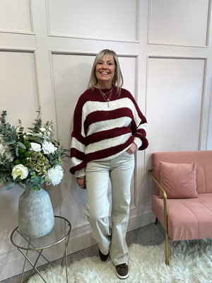 Chunky Striped Knitted Jumper - Wine/Cream