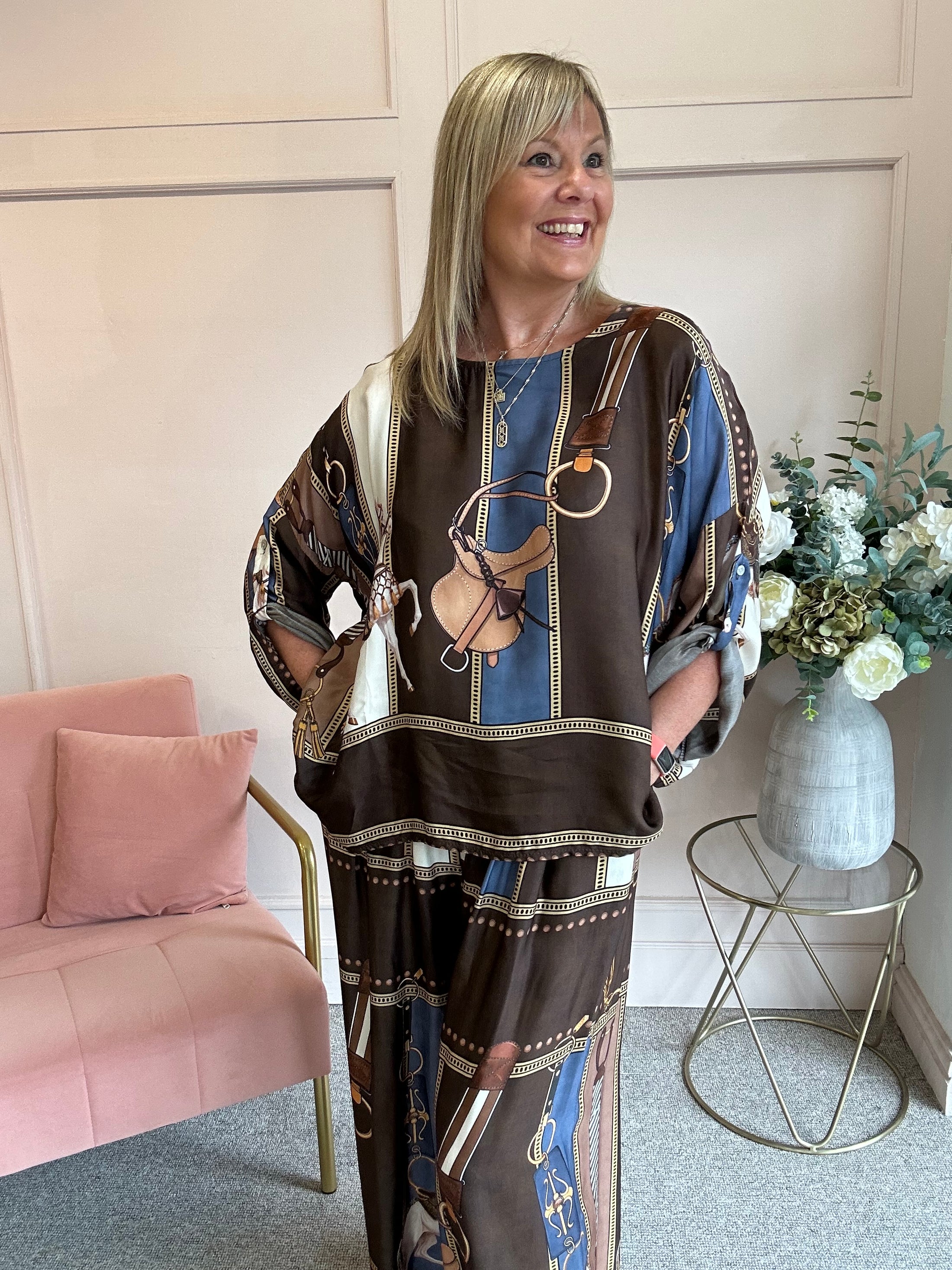 Horse & Bridle Silk Top - Brown/Blue - Wardrobe By Simone