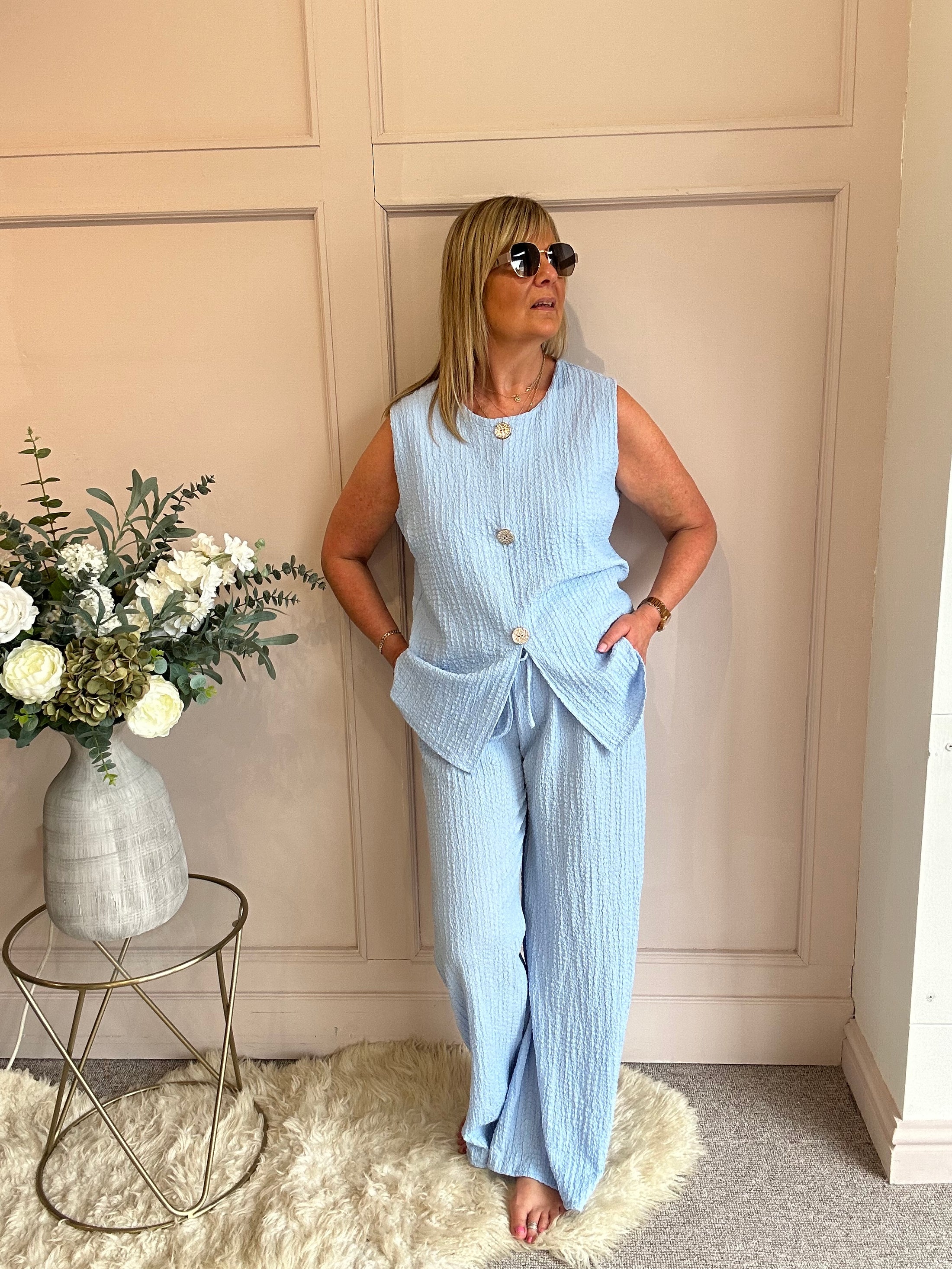 Waffle Effect Top & Pant Set - Cornflower Blue - Wardrobe By Simone