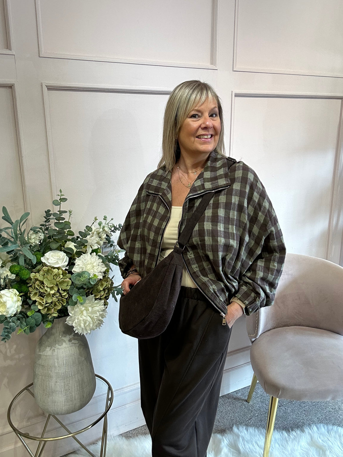 A Checked Zip Jacket - Khaki/Brown - Wardrobe By Simone