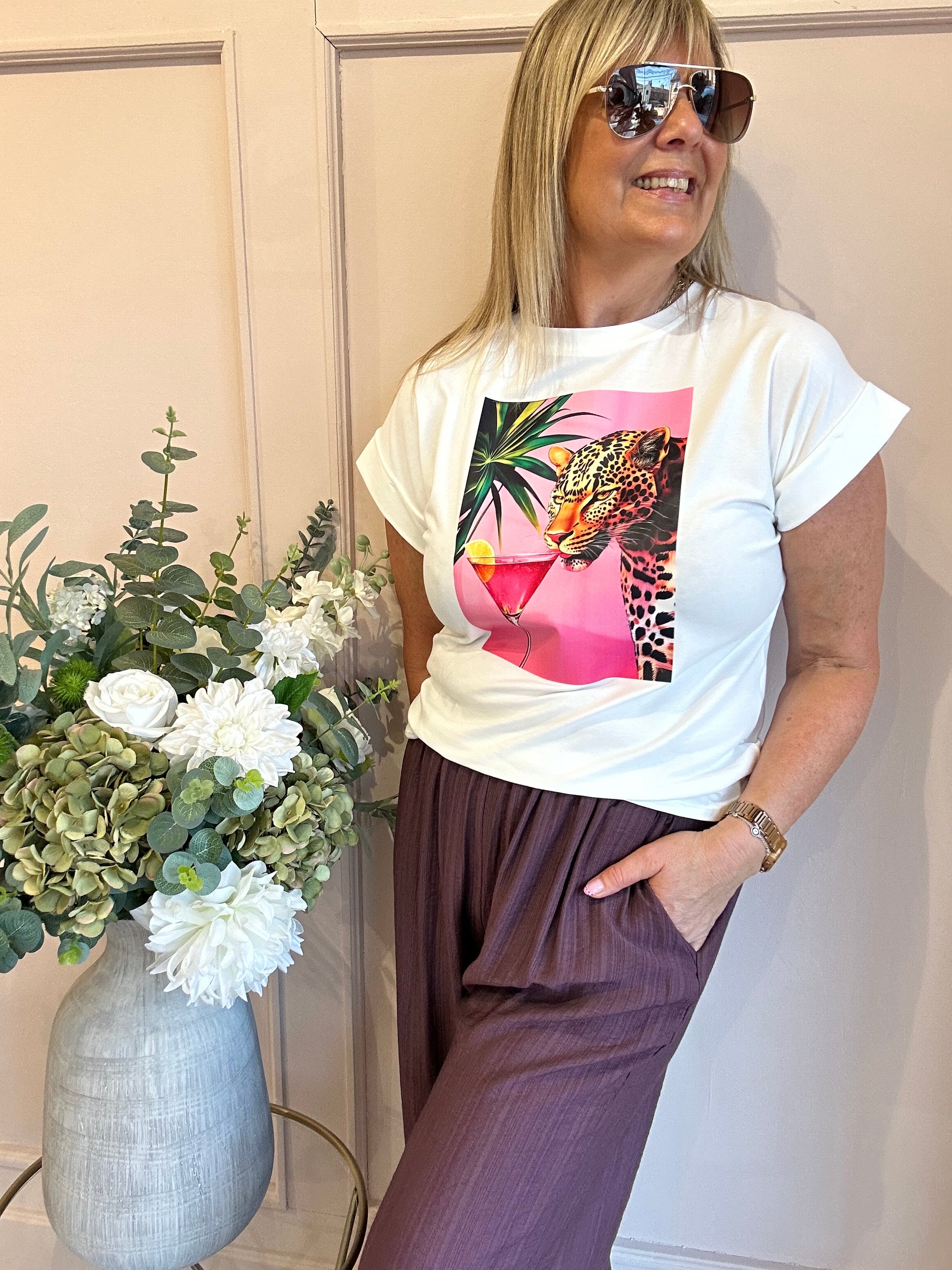 Leopard & Cocktail T Shirt  - White