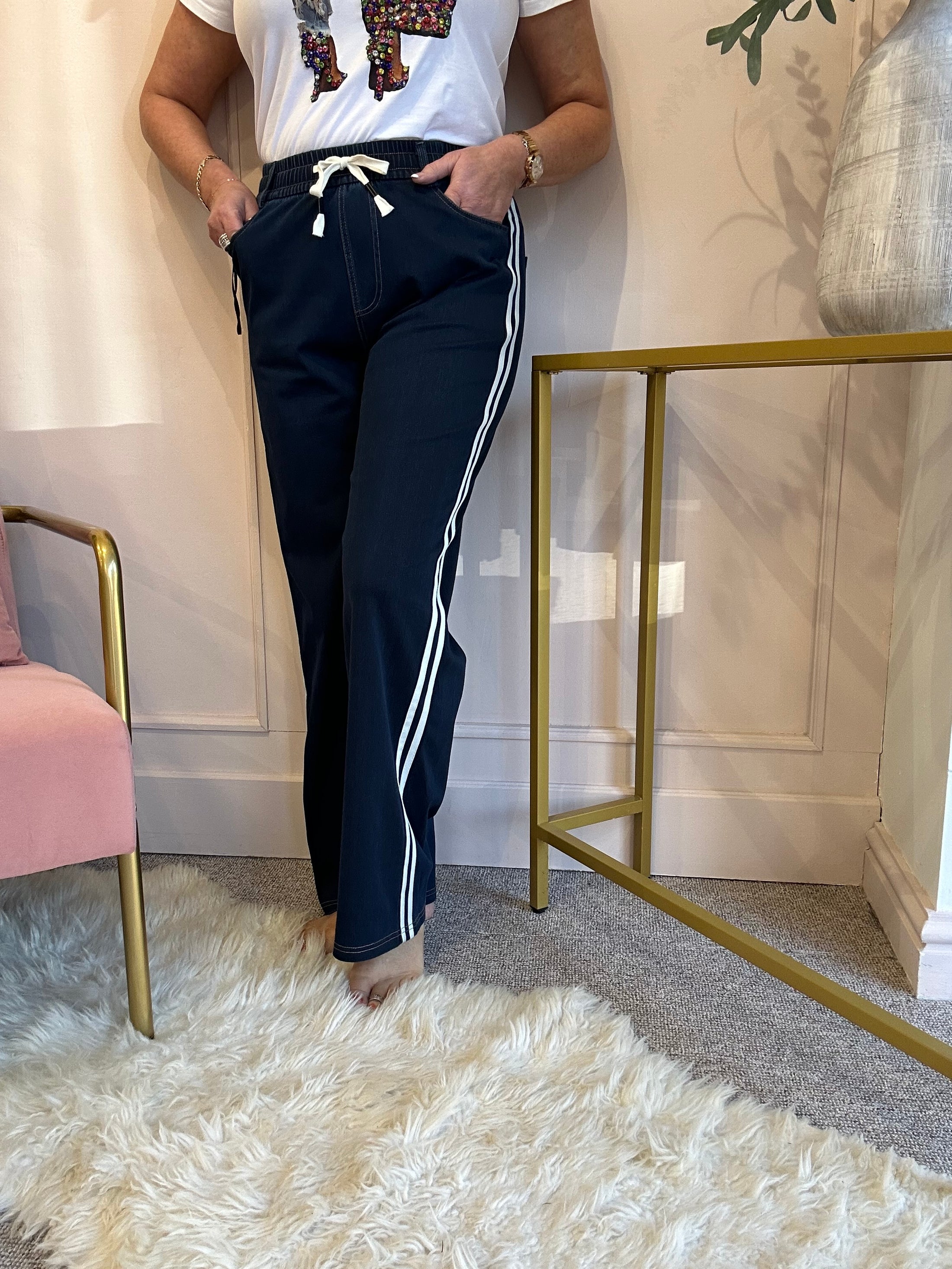 Wide Jogger Striped Edge Pant - Blue/White - Wardrobe By Simone