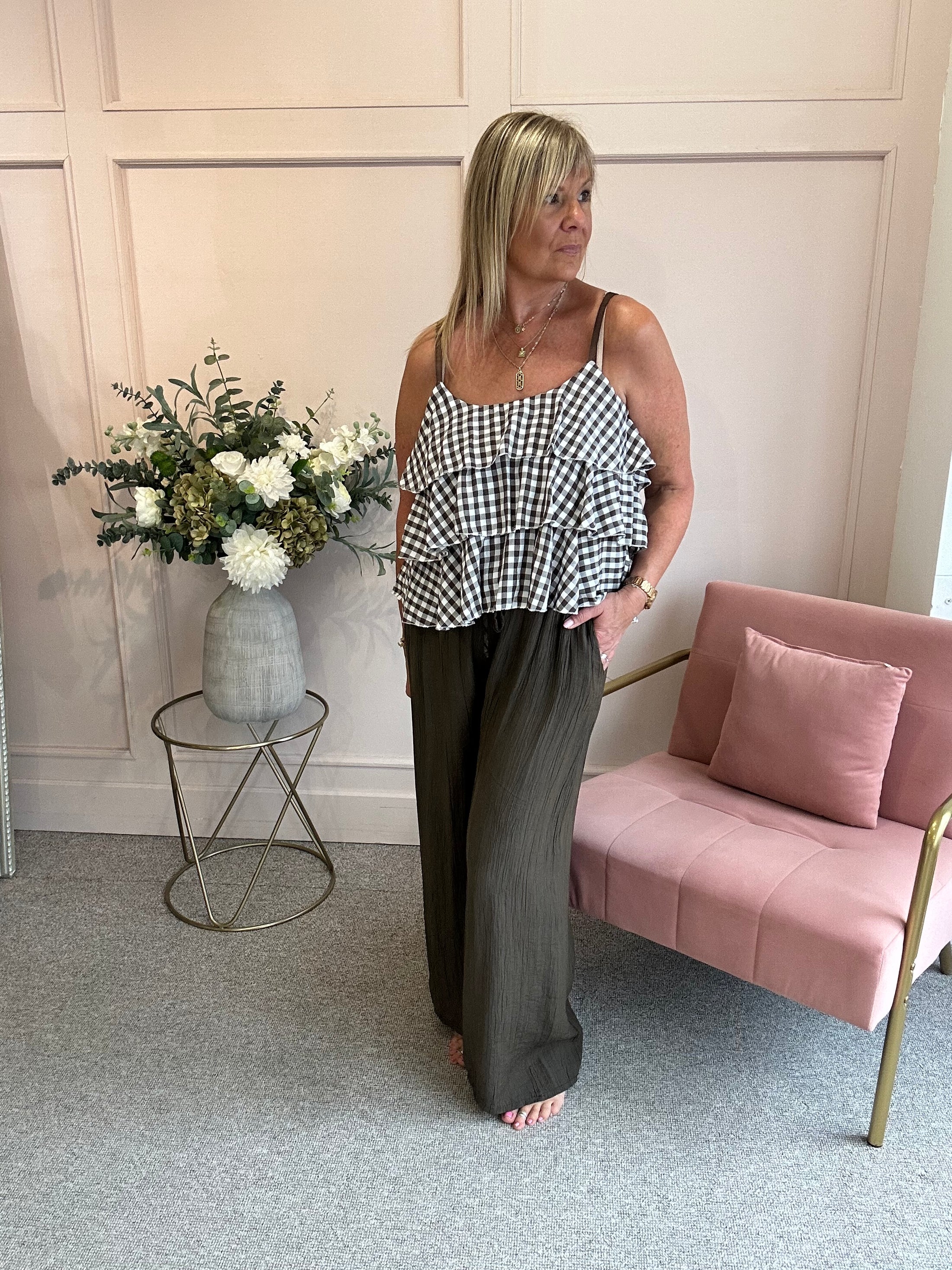 Ra-Ra Gingham Cami Top - Khaki/White