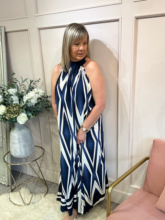 Halter Neck Maxi Dress - Navy/Cream - Wardrobe By Simone