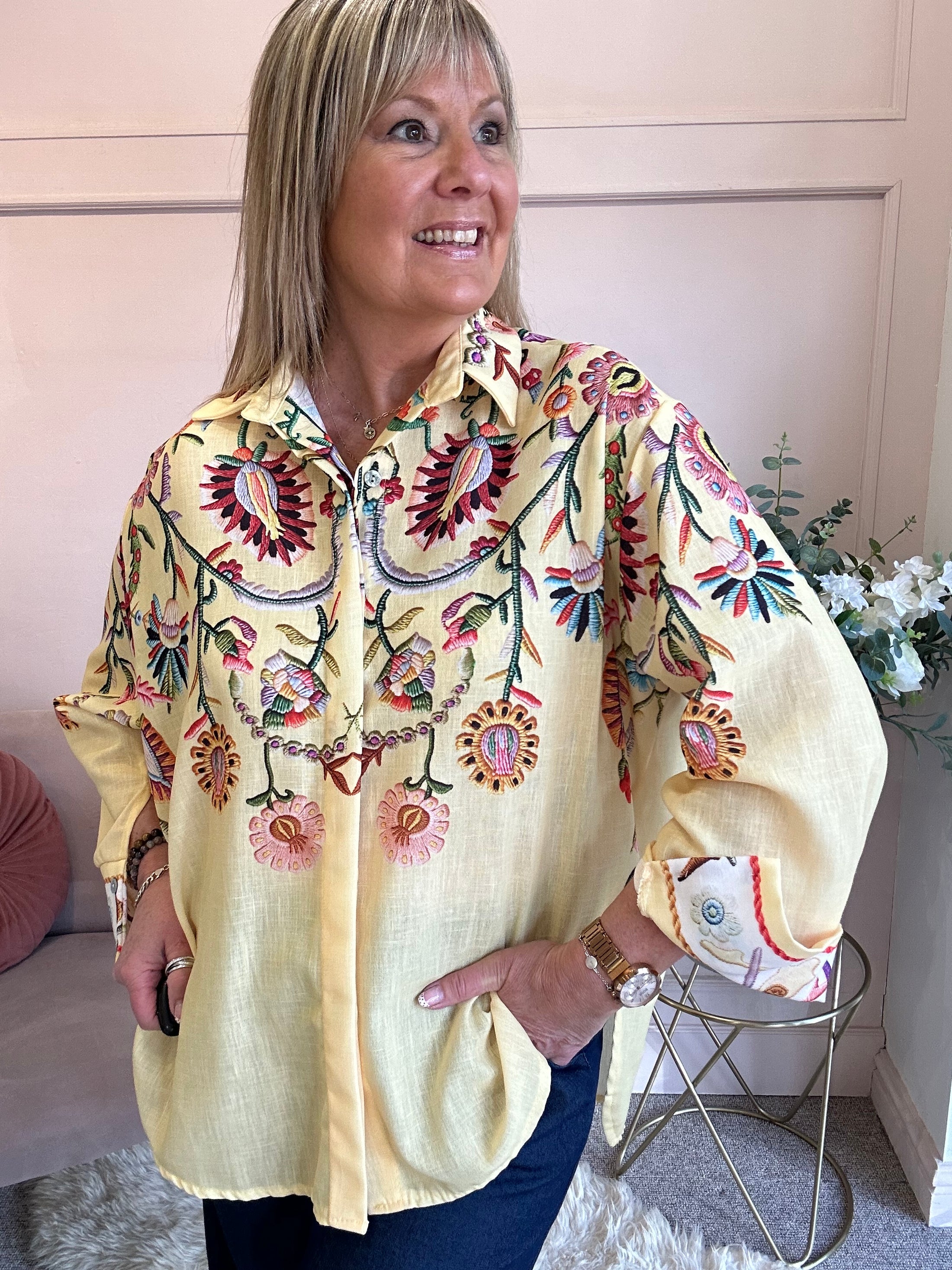 Cascading Floral Print Shirt  - Yellow/MIx - Wardrobe By Simone