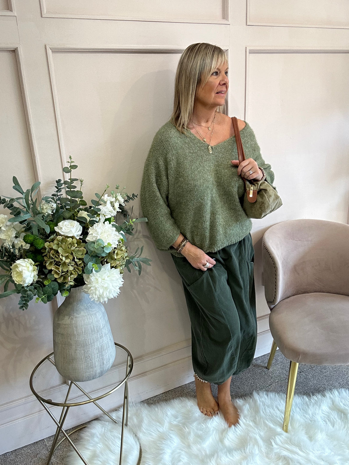 V Neck Knit Jumper - Sage Green