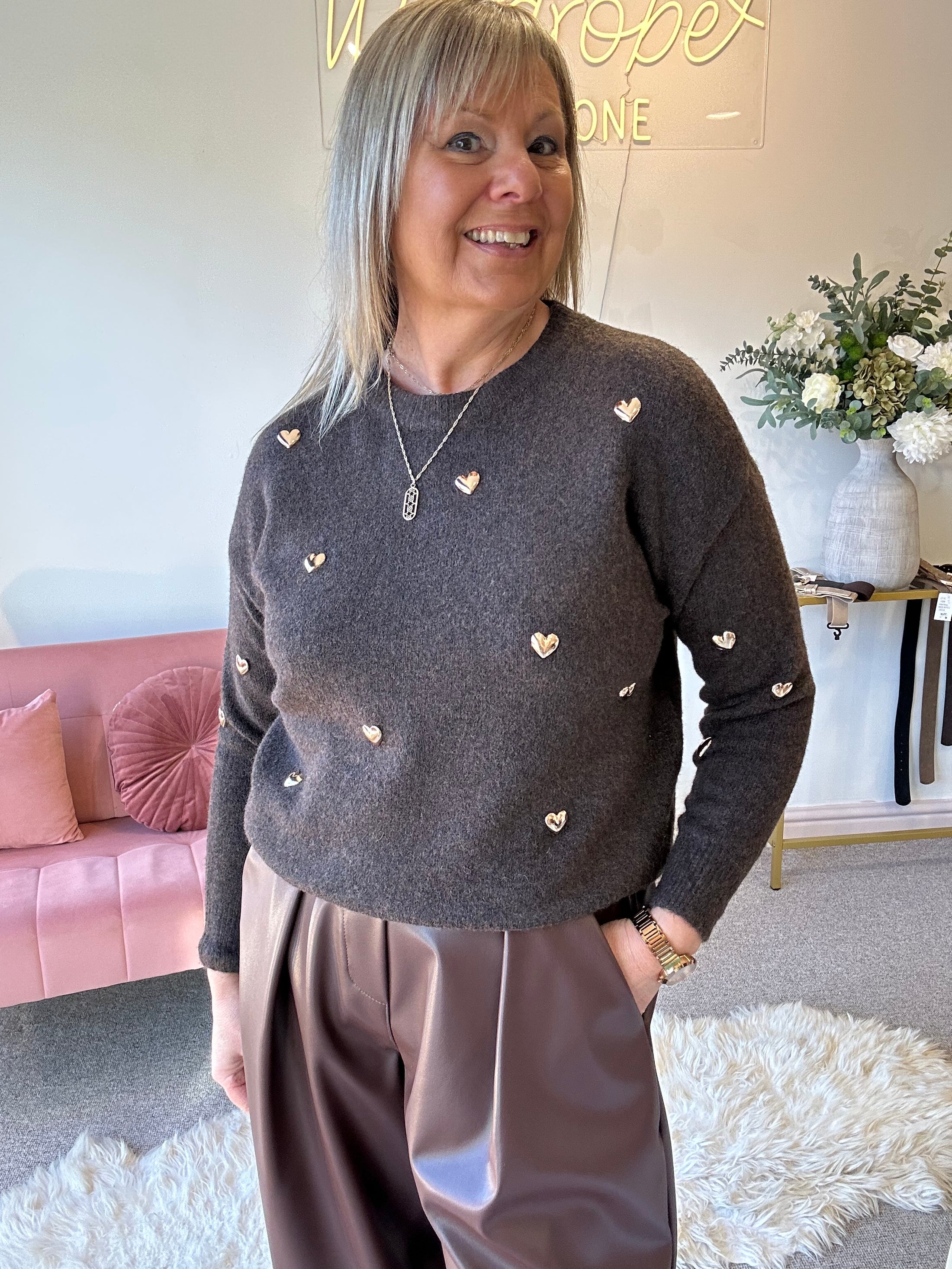 Gold Gem Hearts Jumper - Brown