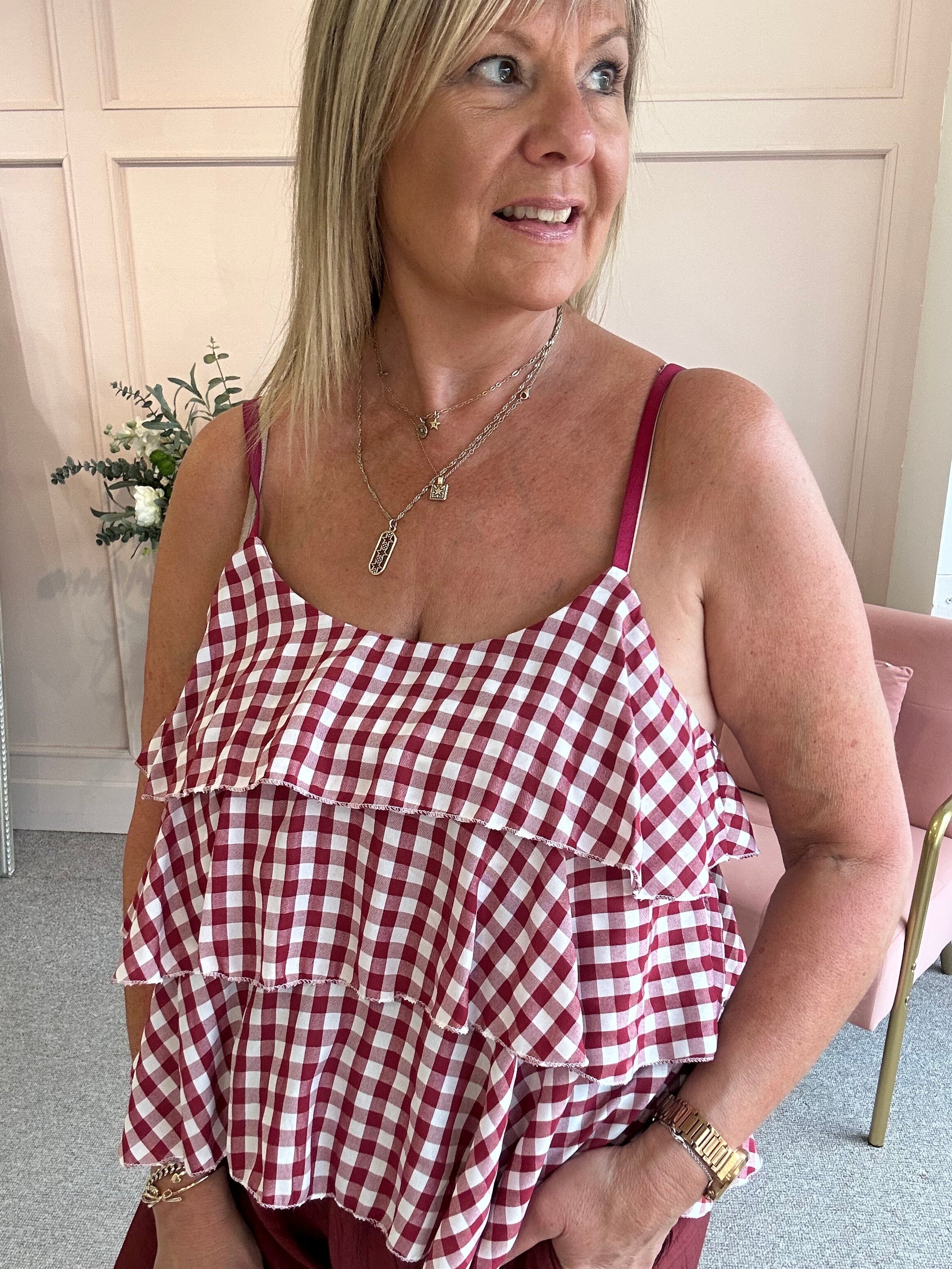 Ra-Ra Gingham Cami Top - Wine/White