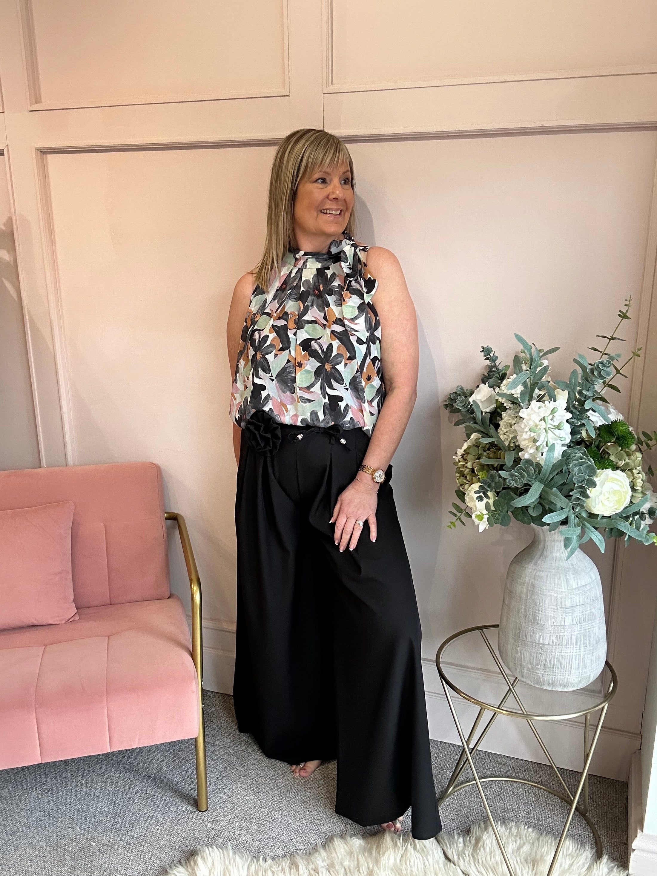 Floral Bow Tie Sleeveless Top - Green/Grey - Wardrobe By Simone