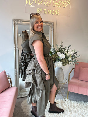 Quirky Belted Ruched Skirt Dress - Khaki
