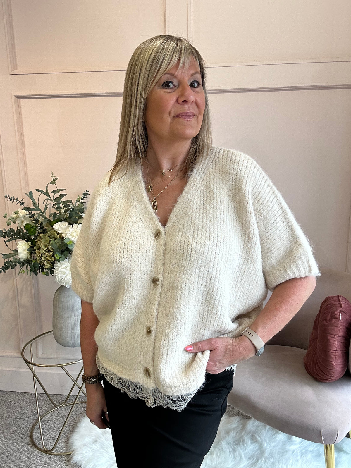 Lace Trim Cardigan - Soft Beige
