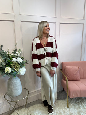 Chunky Striped Knitted Cardigan - Wine/Cream