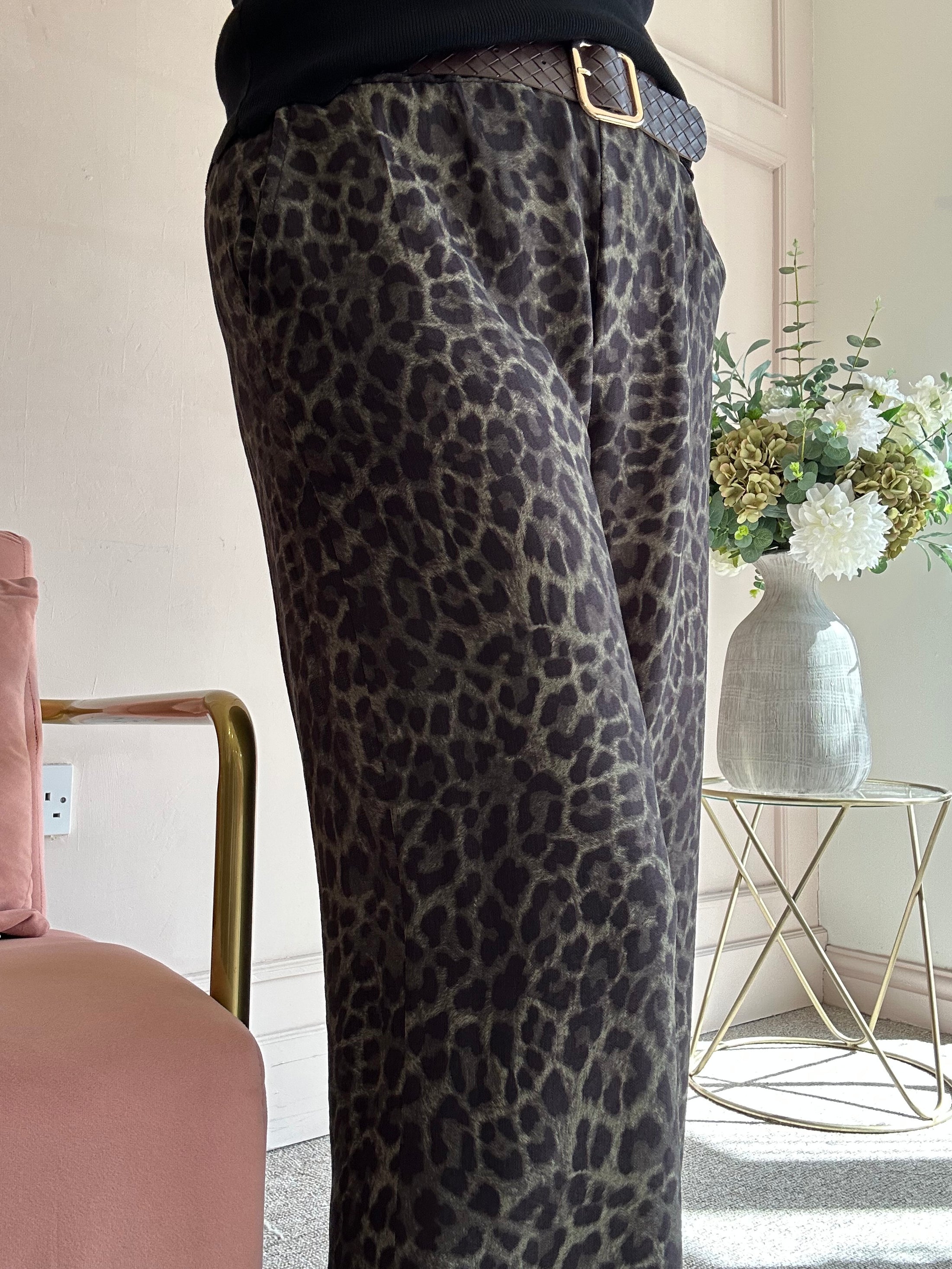 Belted Leopard Wide Pant - Khaki/Black