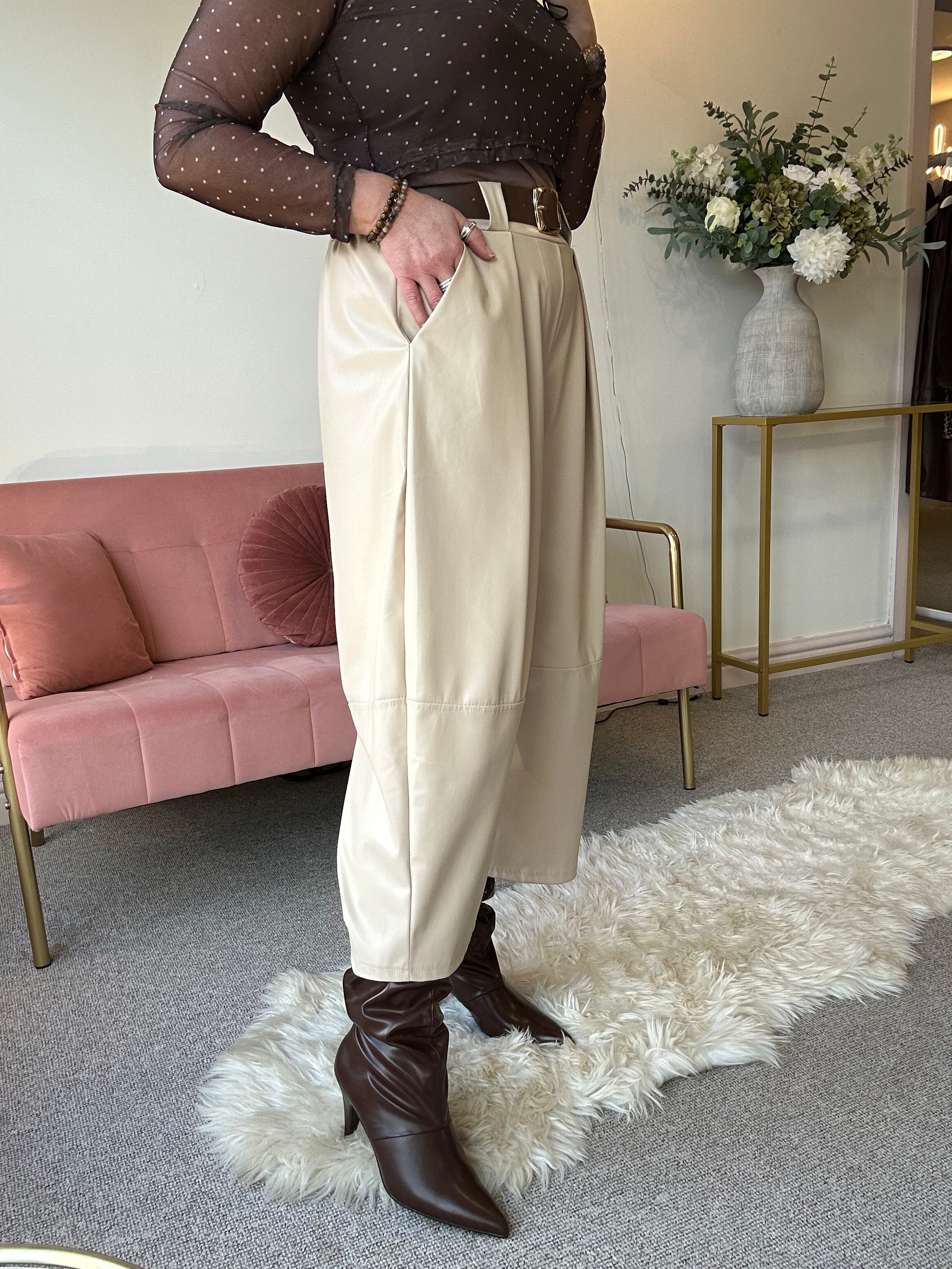 Faux Leather Wide Leg Trouser - Cream