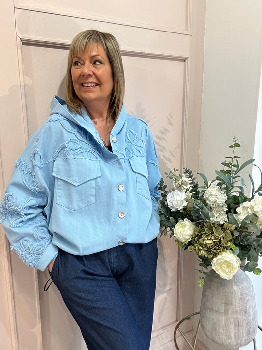Denim Hooded Jacket - Powder Blue - Wardrobe By Simone