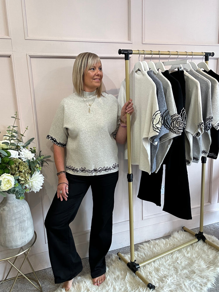 Embroidered Leaf Detail Jumper - Oatmeal