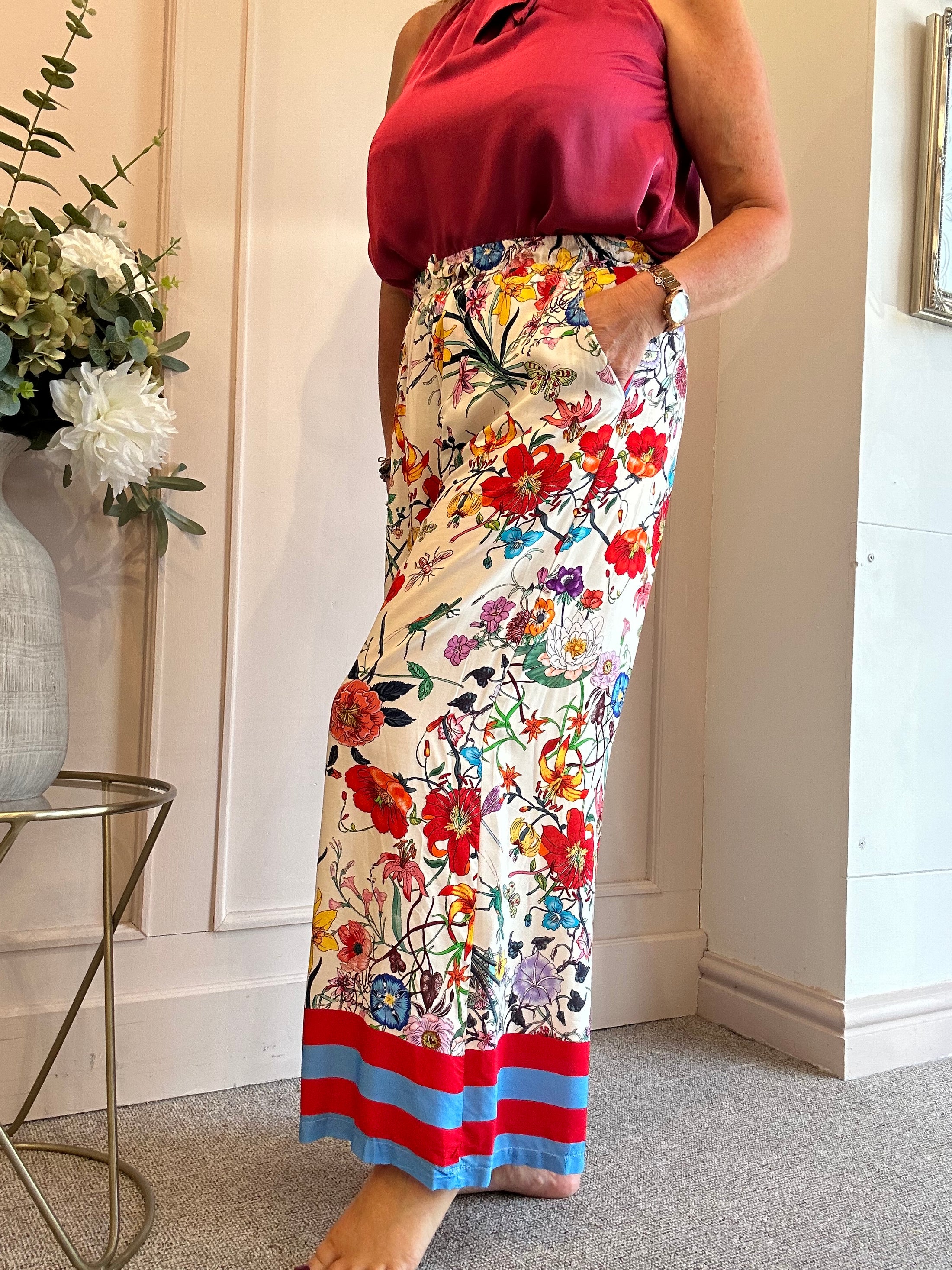 Botanical Floral Wide Pant - Cream/Blue