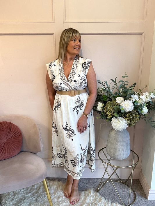 Floral Embroidered Detail Dress - White/Navy - Wardrobe By Simone