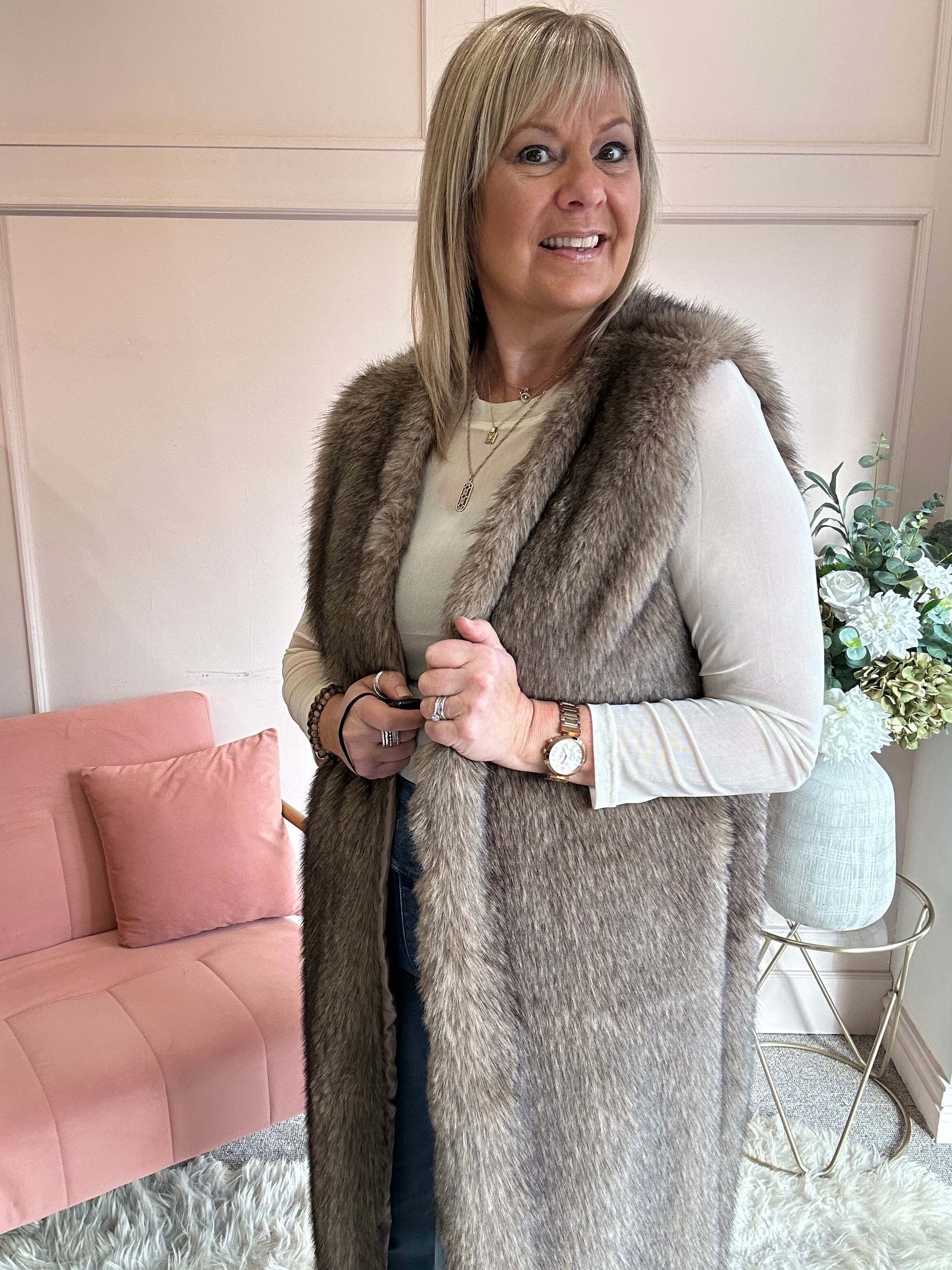 Fabulous Faux Fur Long Gilet - Beige