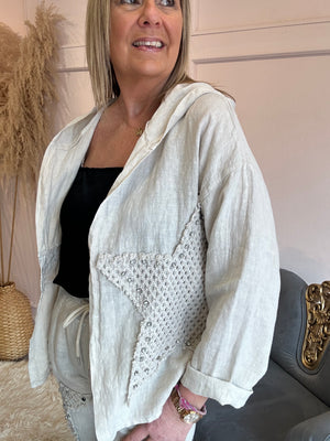 Star Gem Linen Hooded Jacket - Beige