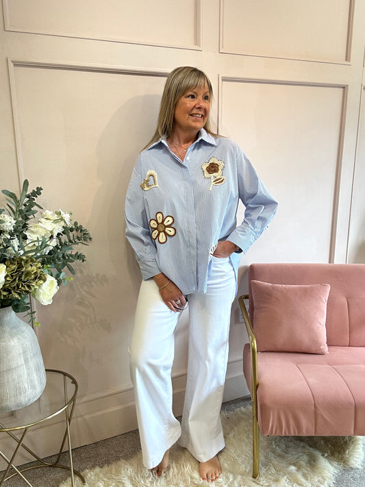 Crochet Detail Thin Striped Shirt  - Blue/White - Wardrobe By Simone