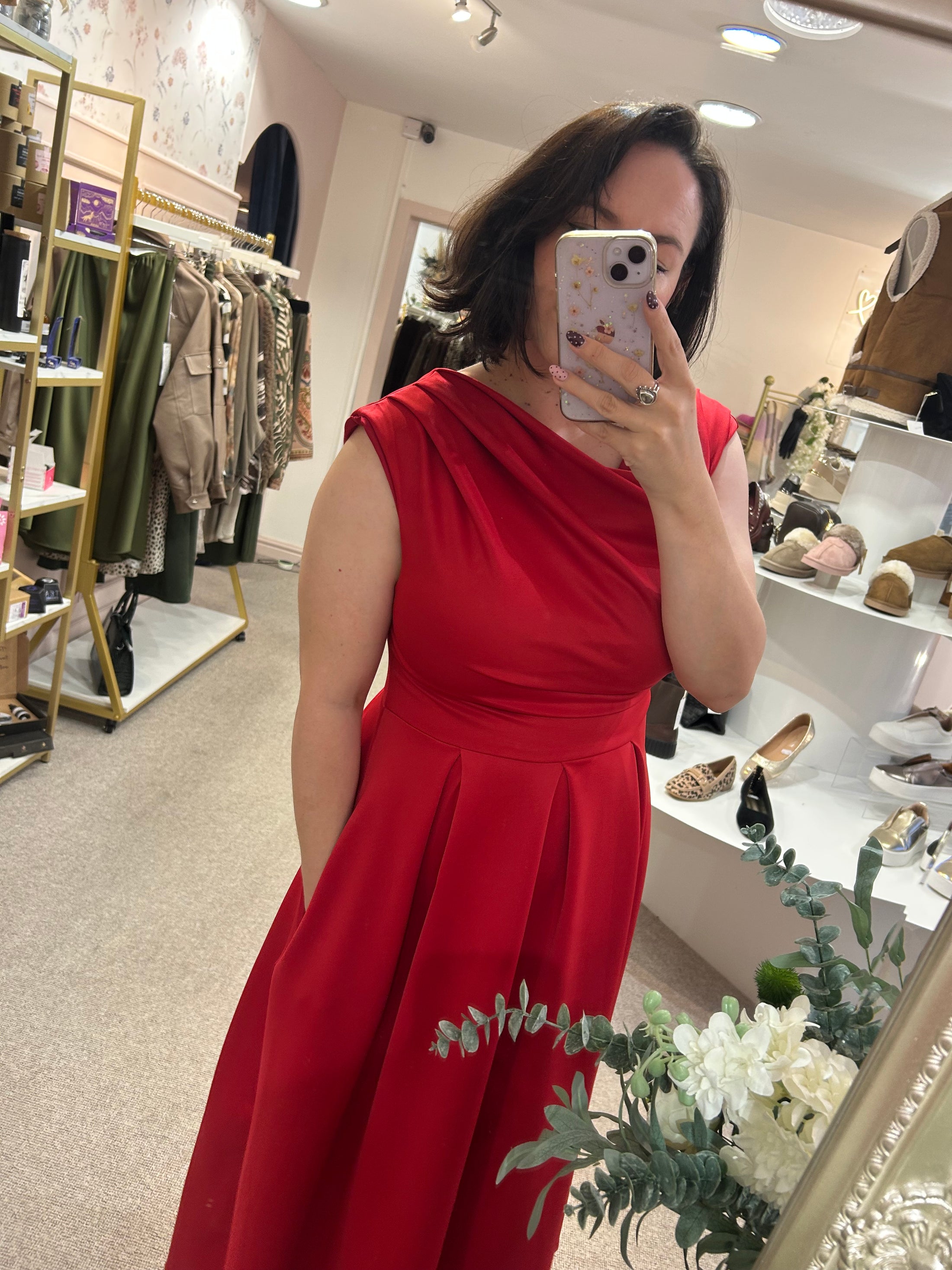 Asymmetric Neckline Skater Dress - Red