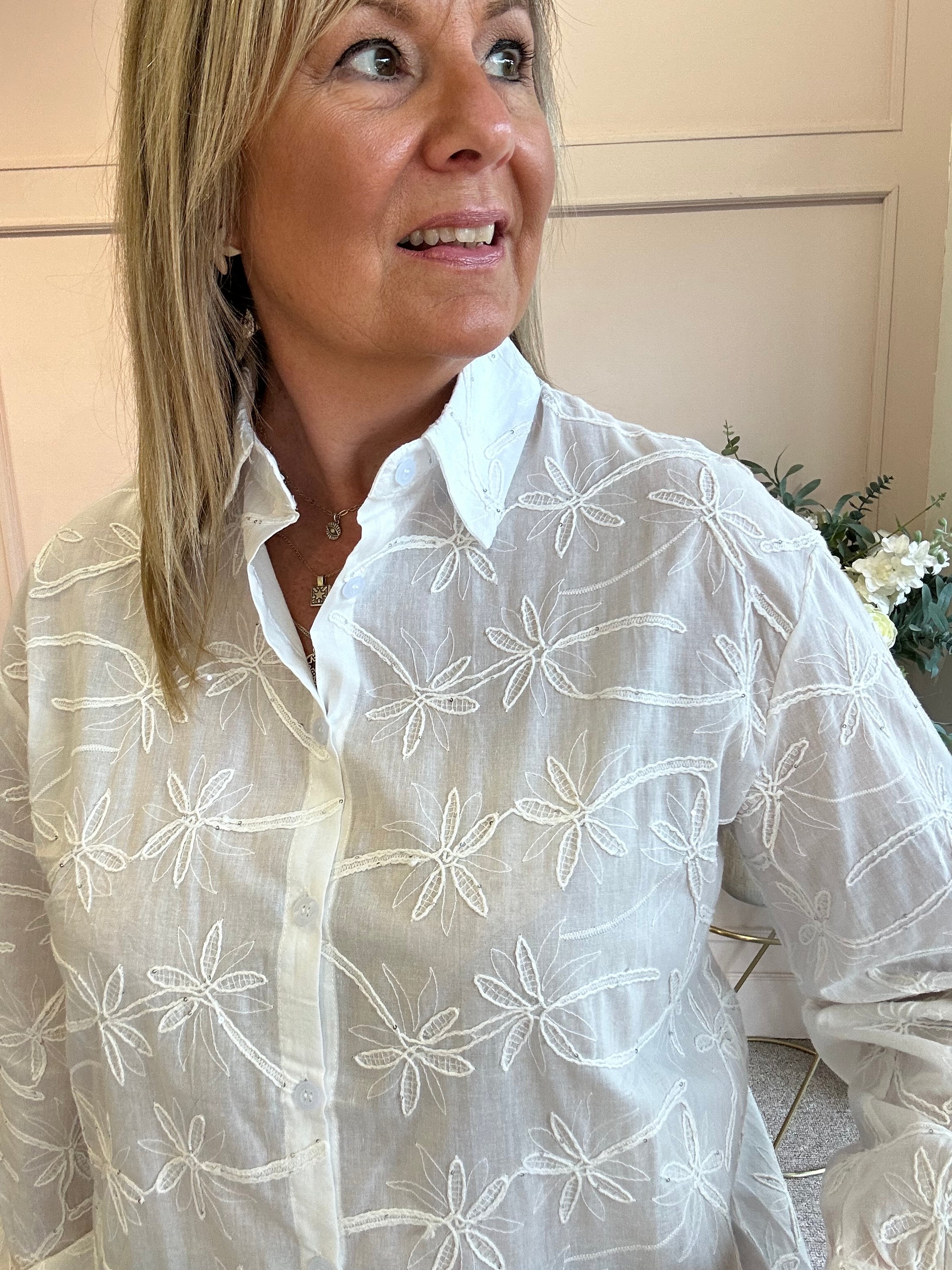Flower Embroidered  Shirt - White