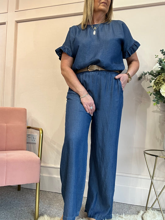 Frill Edge Sleeve Top - Mid Blue - Wardrobe By Simone