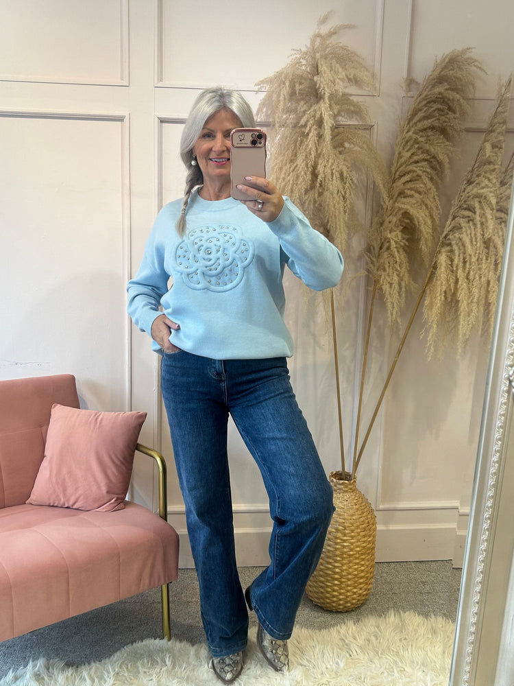 Flower & Silver Gems Jumper - Soft Blue