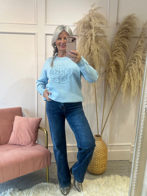 Flower & Silver Gems Jumper - Soft Blue