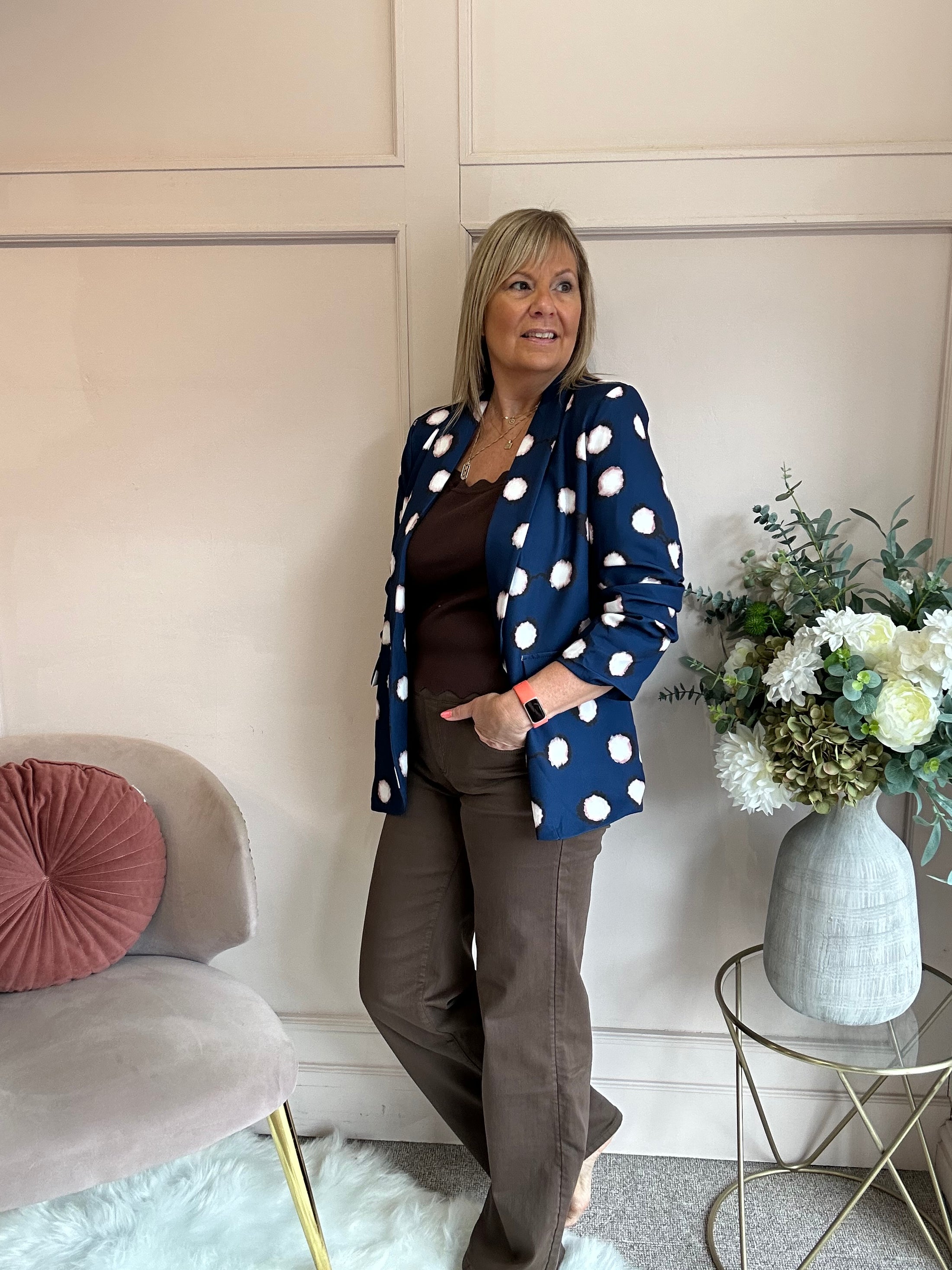 Spot & Ruched Sleeve Blazer - Blue/Cream
