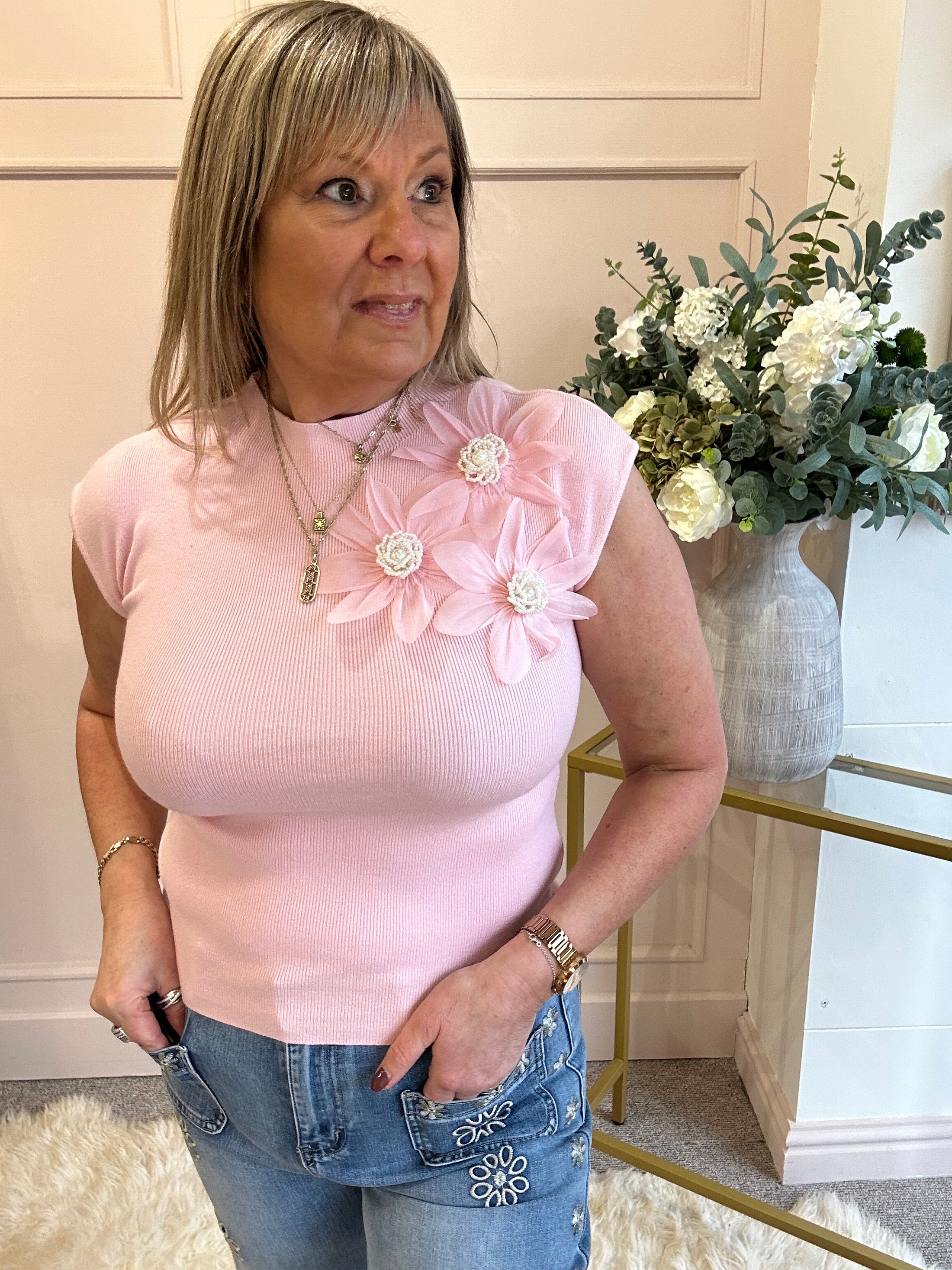 Flower Pearl Detailed Top  - Pink - Wardrobe By Simone