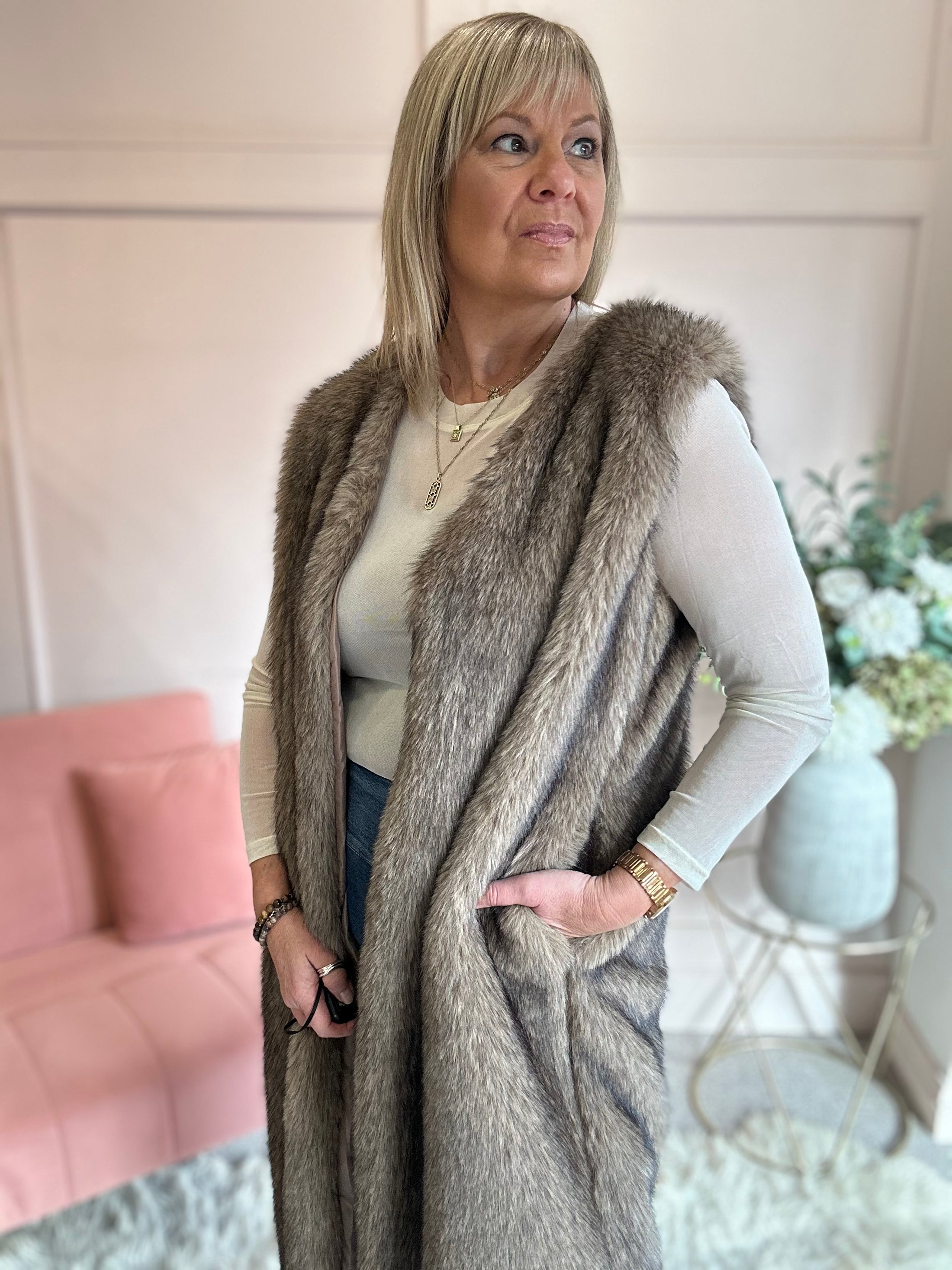 Fabulous Faux Fur Long Gilet - Beige