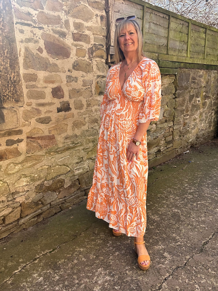 Flower Leaf Mix Maxi Dress - Orange/White
