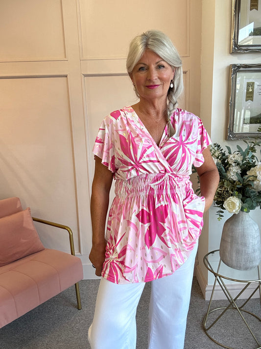 Slinky Cross Over Long Top  - Pink/White - Wardrobe By Simone