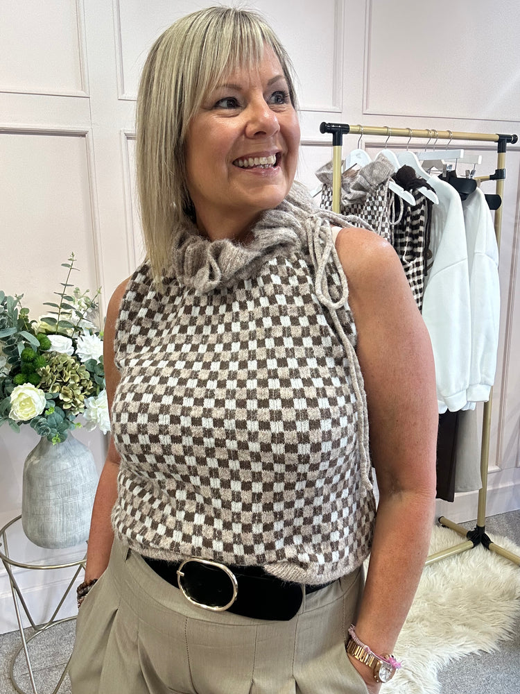 Ruffle Nec Top - Fawn Check