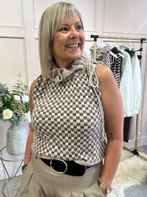 Ruffle Nec Top - Fawn Check