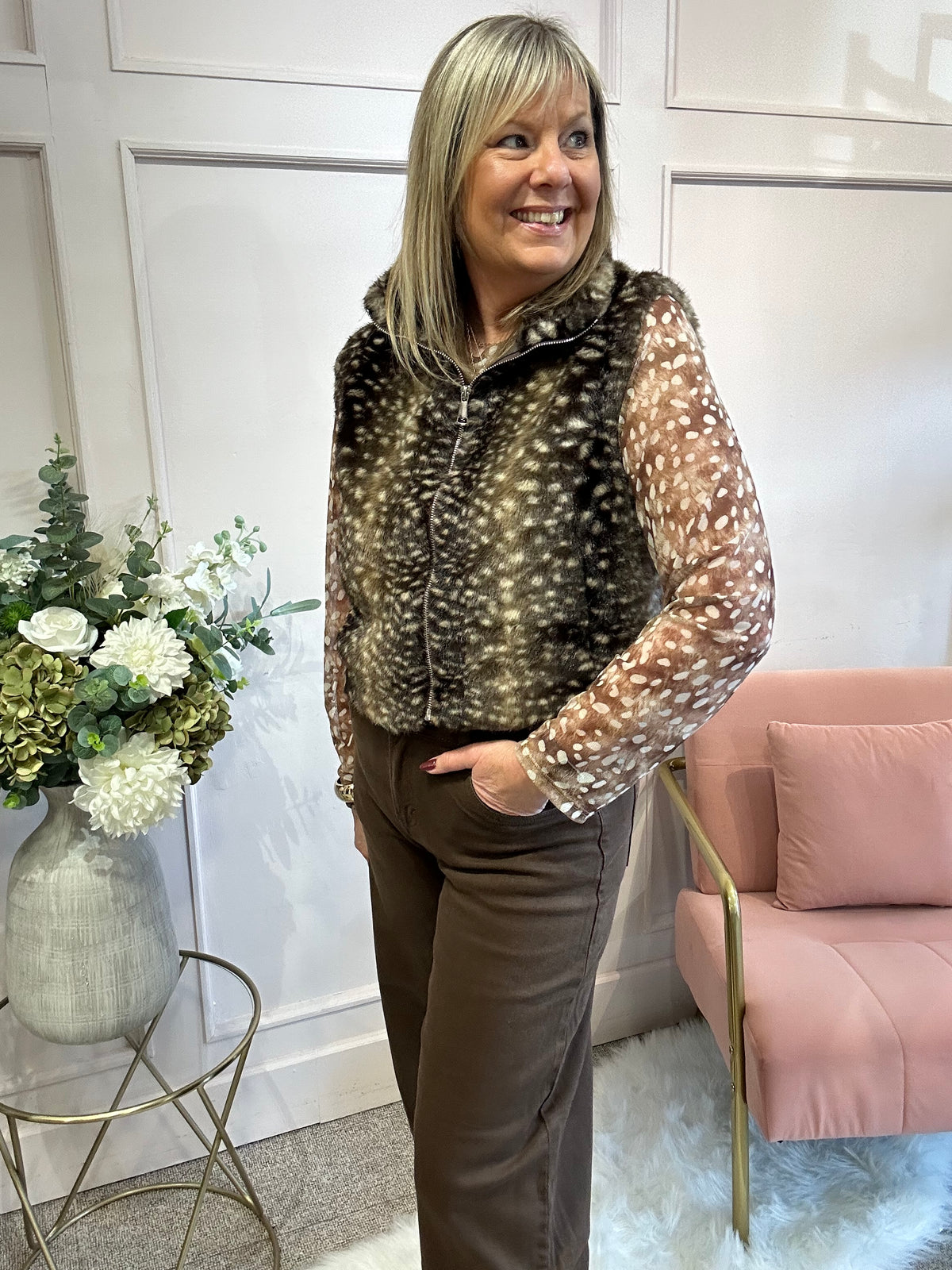 Bambi Cosy Zip Gilet  - Brown/Cream