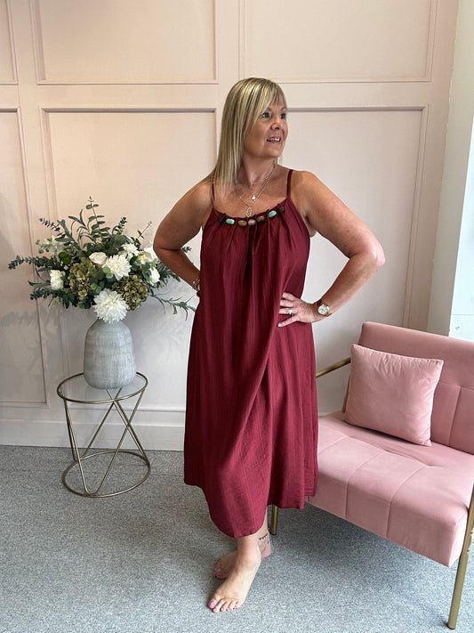 Beaded Strapy Sundress Dress - Burgundy
