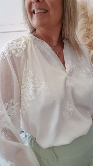 Embroidered Grandad Collar Blouse - Cream