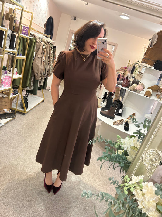 Tulip Sleeve High Neck Dress - Brown