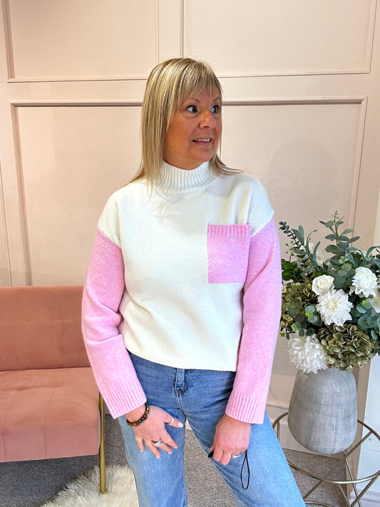 Turtle Neck Jumper -Cream/Pink