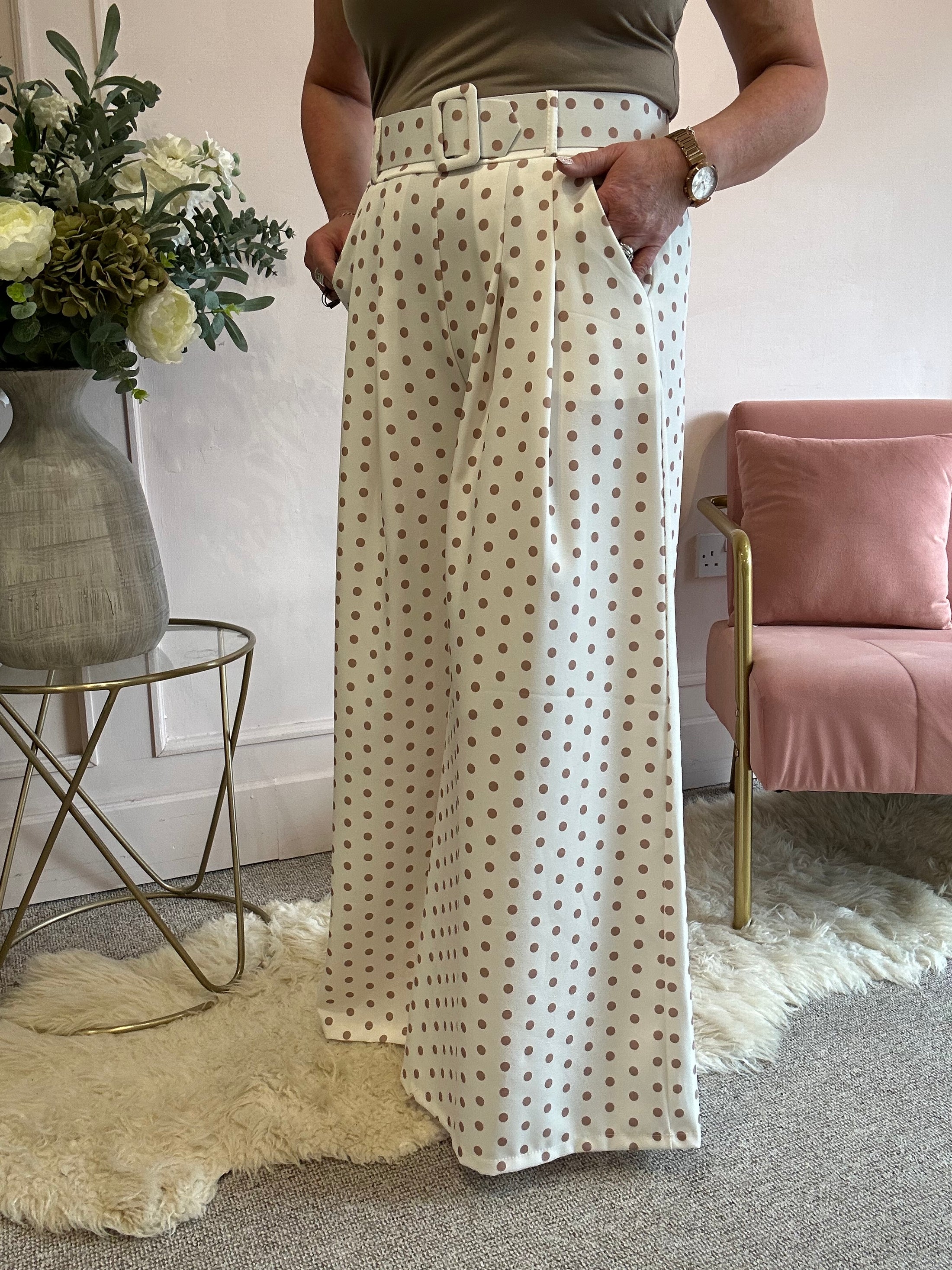 Polka Dot Wide Leg Pant - Light Cream/Beige - Wardrobe By Simone