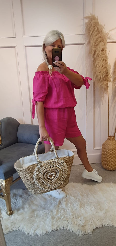 Linen Bardot Top & Shorts Playsuit - Pink