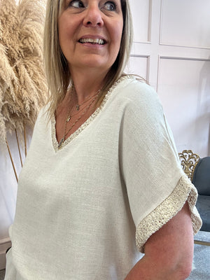 Gold Edged V Neckline T-Shirt - Creamy Beige
