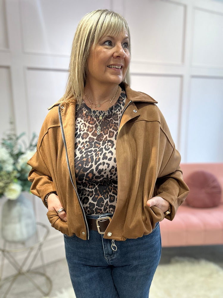 Zipped Suedette Bomber Jacket - Tan