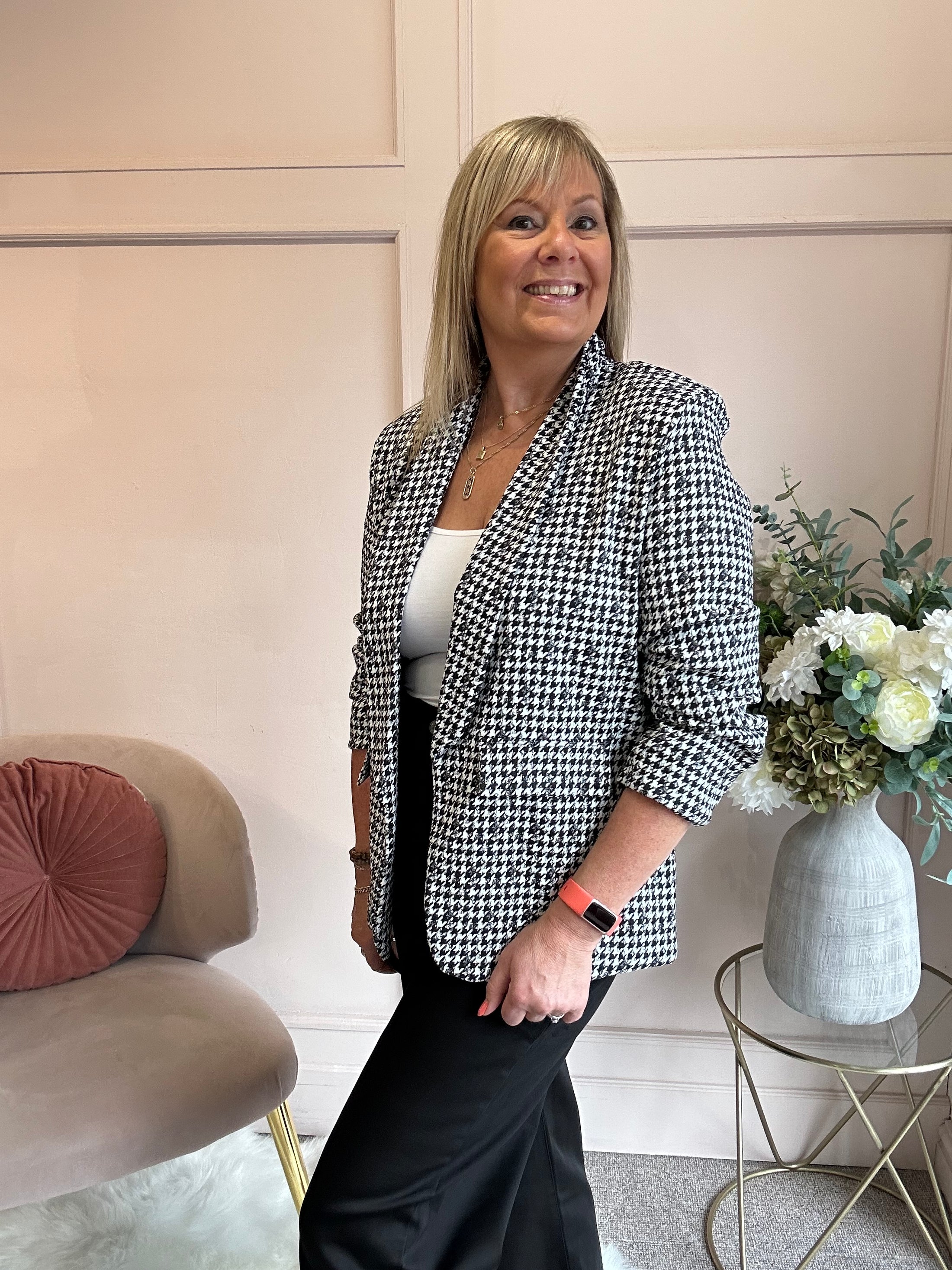 Checked & Ruched Blazer - Black/White