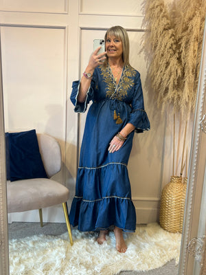 Boho Embroidered Maxi Dress - Dark Blue - Wardrobe By Simone